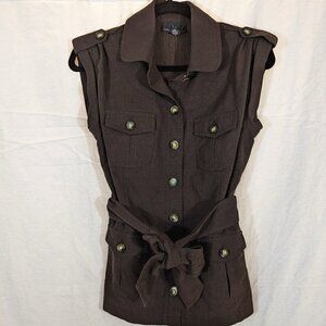 IZ Byer Brown Button Down Utility Vest w/Waist Tie Juniors Size M